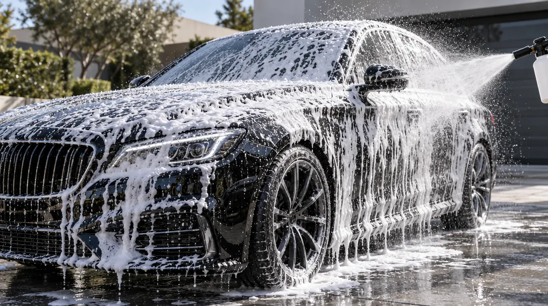 3D render of a black sedan covered in snow foam during a mobile wash