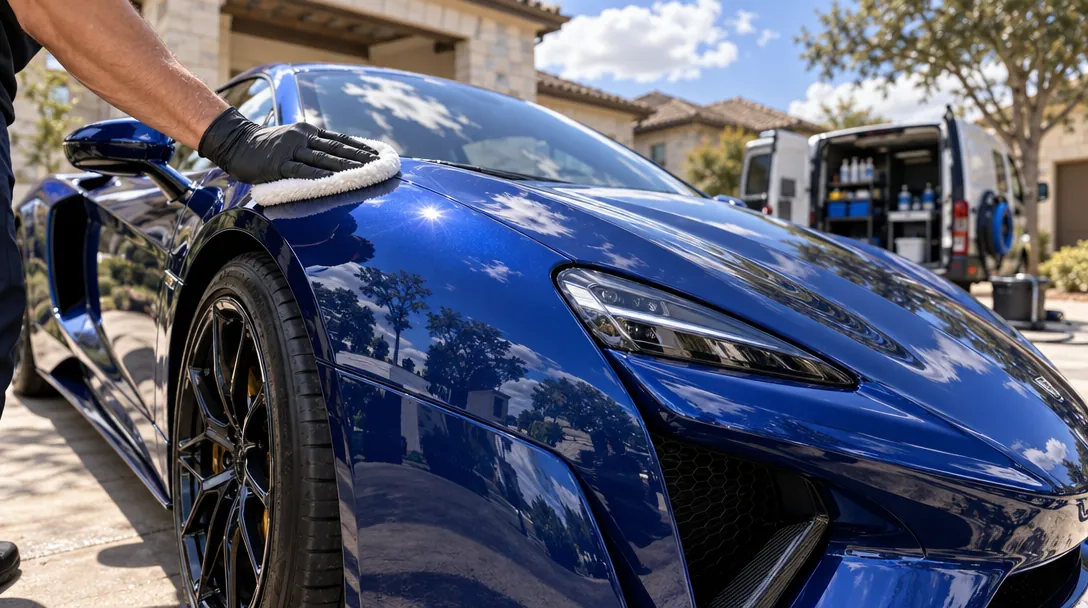 3D render of a blue sports car being hand-polished at a client's driveway